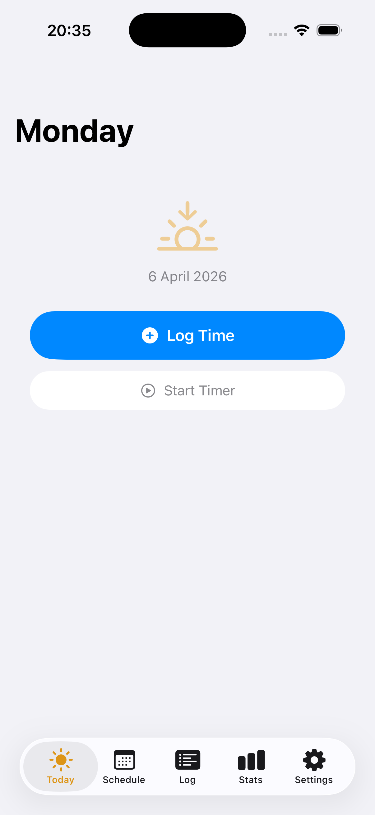 Daglog today screen with log and timer
